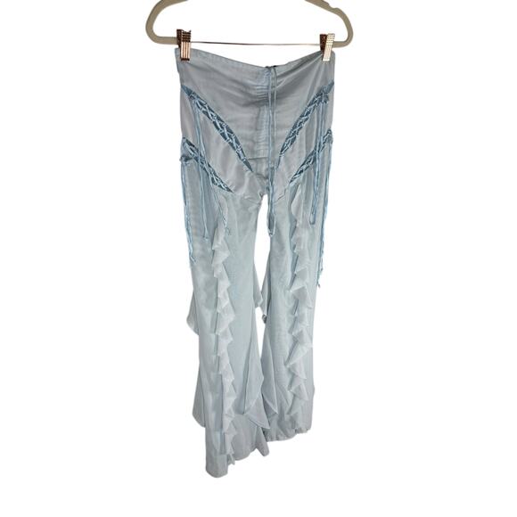 AMOR MIA Meta Angel Pants Sheer Lace Up Ruffle Boho Chic Festival Powder Blue SM - Picture 9 of 16